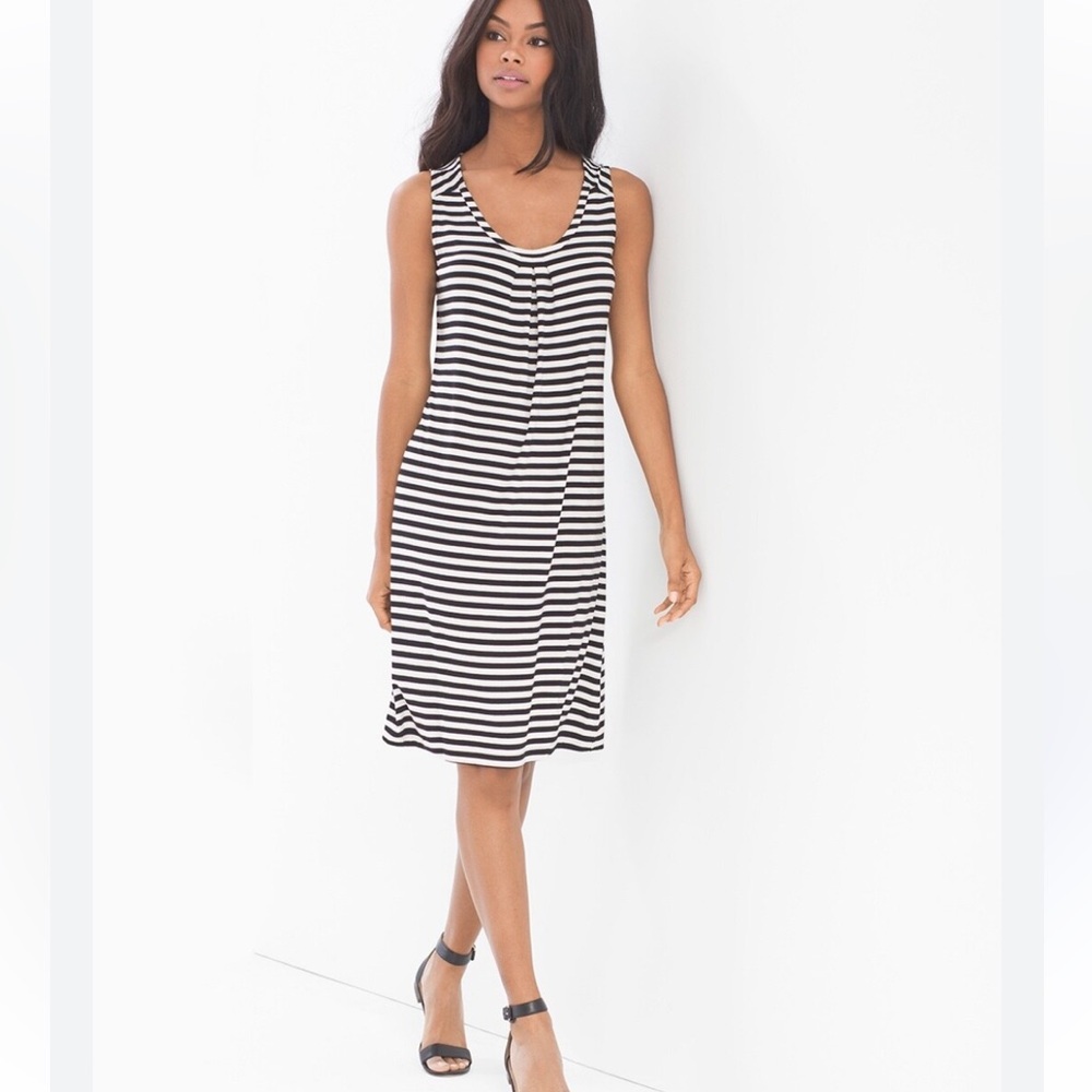Soma Swing Dress Size M Sleeveless Pleat Front Black White Stripe Resort Lounge